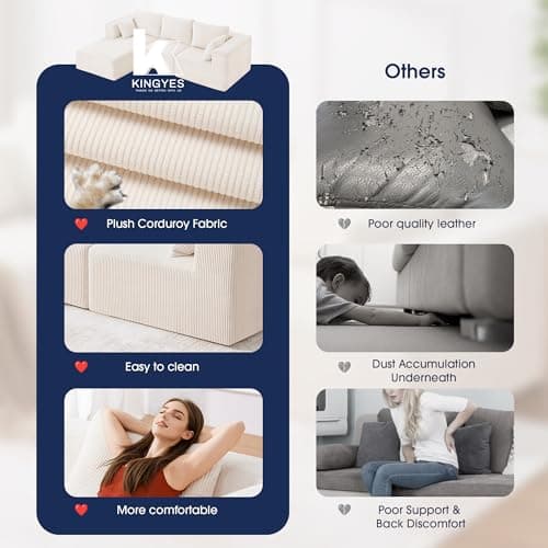 KINGYES 107'' Modular Sectional Sofa, L Shaped Cloud Couch for Living Room, Modern Boneless Sofa with Chaise for Bedroom, Beige 9