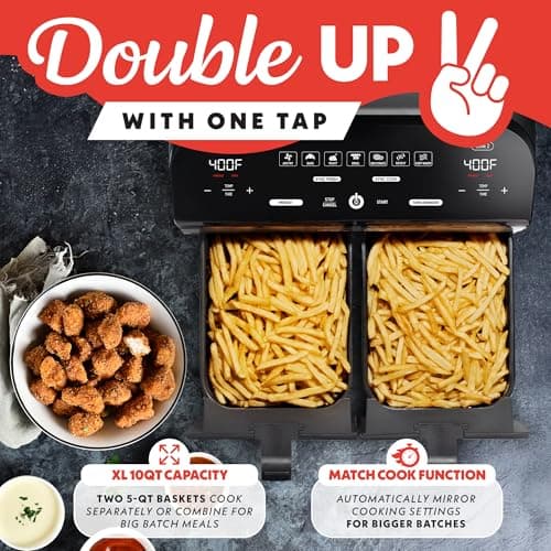 Gourmia Dual Basket Air Fryer - 10 Qt Large Capacity, FryForce360º, Digital Display with 7 Presets, Roast, Bake, Broil, Dehydrate, Match Cook, Sync Finish, Dishwasher Safe Accessories, Black 5