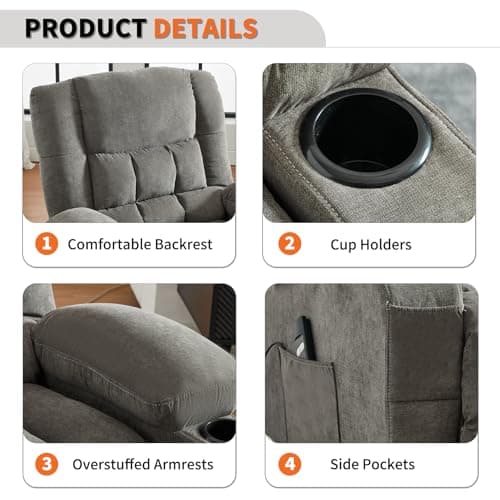 Power Recliner Chair with Swivel Rocker for Adults, Ergonomic Oversized Recliner Lounge Chair for Living Room with Rocking Function and Side Pocket and 2 Cup Holders 5