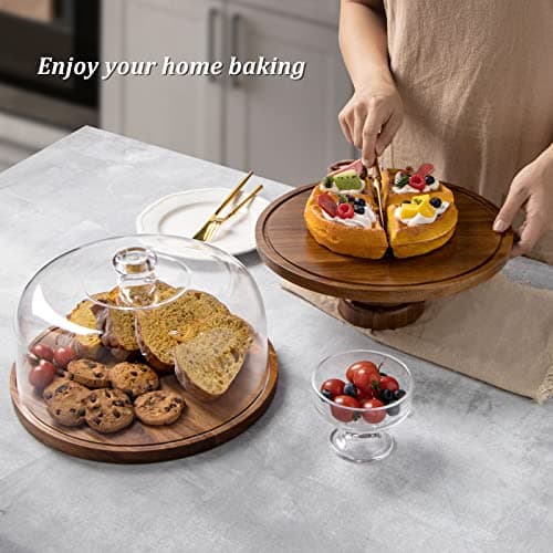 ANBOXIT Cake Stand with Dome Lid, Acacia Wood Cake Plate with Cover, Wooden Cake Display Stand with Acrylic Dome - Footed 7