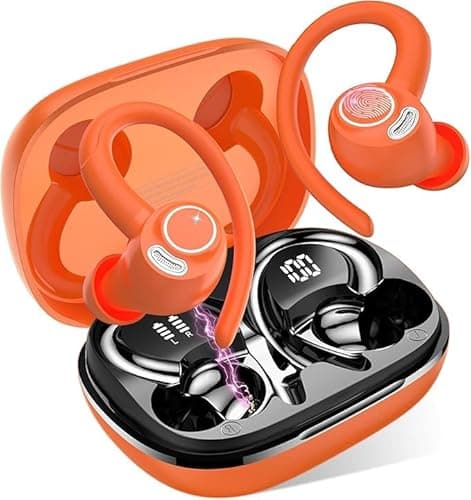 Wireless Earbuds, Bluetooth 5.4 Headphones Sport, Over Ear Buds With ENC Noise Cancelling Mic, 48H, Wireless Earphone With Earhooks, Stereo Deep Bass, IP7 Waterproof ear bud for Workout Running,Orange