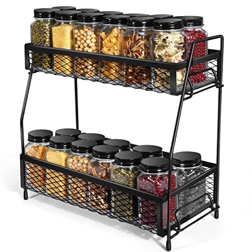 Flanney 2 Tier Metal Foldable Spice Rack Organizer for Countertop, Non-Slip Kitchen Bathroom Storage (Black)