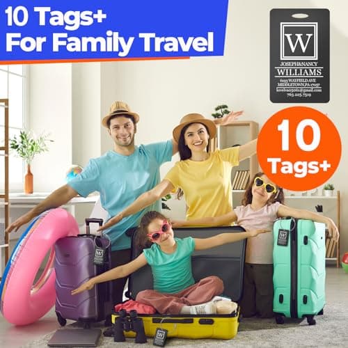 10 PCS Personalized Luggage Tags, Custom Engraved Aluminum Luggage Tags for Family, Metal Luggage Tags for Suitcases, Backpack, Custom Solid Brass Luggage Tag with Strap, Two Sided Engraving (Black) 7