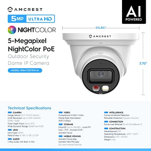 Amcrest 5MP AI Turret IP PoE Camera w/ 49ft Nightvision, Security IP Camera Outdoor, Built-in Microphone, Human & Vehicle Detection, Active Deterrent, 129° FOV, 5MP@20fps IP5M-T1277EW-AI 8