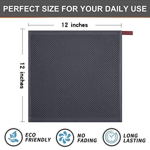 Kitinjoy 100% Cotton Kitchen Dish Cloths (12 X 12 Inches, Dark Grey), 6 Pack Waffle Weave Ultra Soft Absorbent Dish Towels for Drying Dishes Quick Drying Kitchen Towels Dish Rags 5