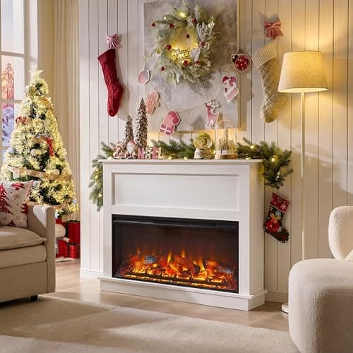 Andehomy 51" Farmhouse Electric Fireplace TV Stand with Mantel, 42" Insert Electric Fireplace Heater with Remote Control, Adjustable 3D Flame Effect, White 2