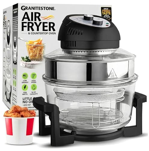 Granitestone 16Qt Large Glass Air Fryer Non Toxic – Family Sized Airfyrer Cooker with 3 Cooking Sections, Stainless Steel Racks, for French Fries, Chicken, No Preheat, Self Cleaning, Dishwasher Safe