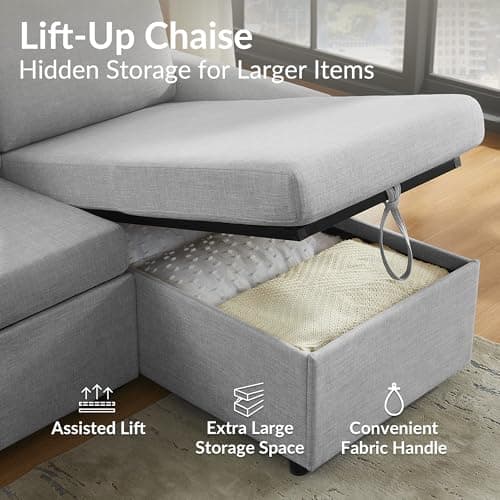L Shaped Convertible Sleeper Sofa Bed, 84" Sectional Couch for Living Room - Dual USB-C Charging, Pull Out Bed, Reversible Chaise with Storage & Pockets, Removable & Washable Light Grey Linen Covers 5
