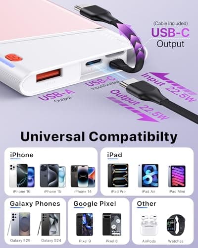 Aaoyun Portable Charger Power Bank, 10000mAh 22.5W PD Fast Charging Powerbank with Built-in USB C Cable, Slim External Phone Battery Pack for iPhone 17/16/15 Samsung S24 Android etc (Pink) 7