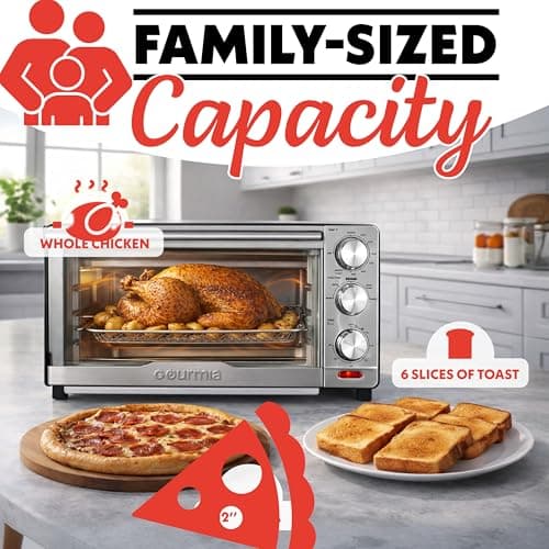 Gourmia Air Fryer Toaster Combo - 6-in-1 Multi-function Countertop Oven Adjustable Temperature & Timer, Fry Basket, Baking Pan, Oven Rack & Pullout Crumb Tray, Stainless Steel 6