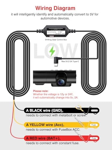 Jzones Dash Cam Hardwire Kit with a Circuit Fuses, 11.5ft Type-C USB Port for Dash Camera for Cars, Converts 12-24V to 5V/2.5A, Adjustable Low Voltage Protection for Parking Mode Monitors 5