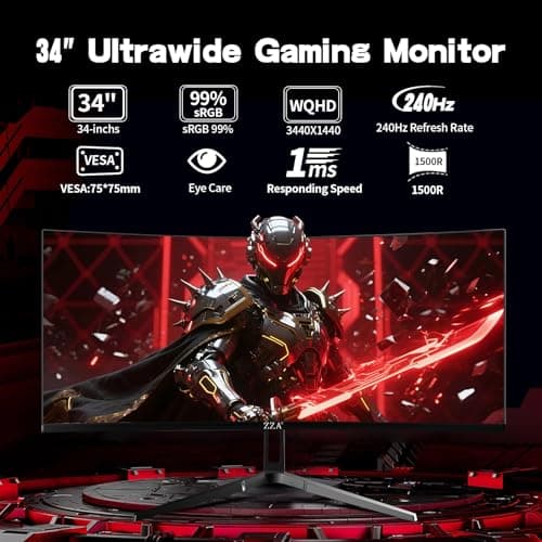 ZZA 34 Inch Curved Monitor, Gaming Monitor 240HZ 1500R 3440 * 1440P, Ultra Wide Computer Monitors with FreeSync,HDR10, 1ms,PC Screen Eye Care, Borderless Design,Support Wallmount 75x75mm 3