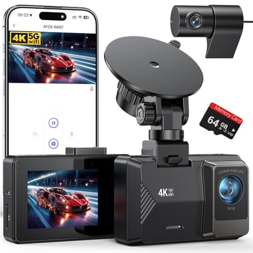4K Dash Cam Front Rear, Dual Channel Dash Cams with 64GB Card 4K+1080P, Dash Camera for Cars with 5G WiFi, APP Control,2.0" IPS Screen,Night Vision,G-Sensor,170°Wide Angle,Parking Mode,Loop Recording