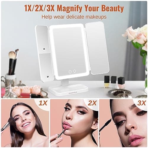 EASEHOLD Lighted Makeup Mirror with 3X Magnification, 3 Color Lights & Touch Sensor - Rechargeable Trifold Vanity Mirror for Travel, Desk, Home Use 2