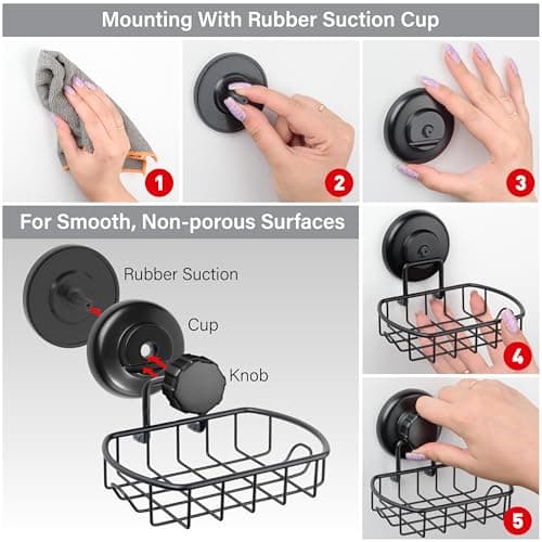 HASKO 2 Pack Suction Cup Soap Dish for Shower Wall, Rustproof Stainless Steel, Shower Soap Holder with Hooks, Includes Optional No Drill Adhesive Mount for Bathroom, 2 Soap Savers, Black 6
