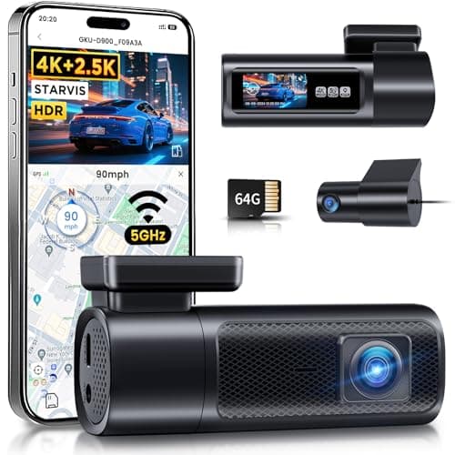 GKU Dash Cam Front and Rear, 4K 60fps＋2.5k Dashcam,STARVIS Sensor, HDR, 5G WiFi GPS, 24H Parking Mode, Night Vision, 170°Wide Angle, Dash Camera for Cars with 1.47 Display, 64G SDcard (Midnight)