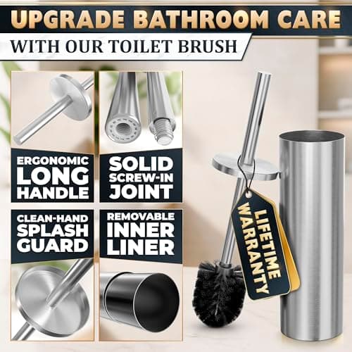Stylish Stainless Steel Toilet Brush and Holder Set - Silver Toilet Bowl Brush and Holder with Splash Cover, Sturdy Bristles, Corrosion & Scratch Resistant - Elegant Design, Effective Deep Cleaning 6