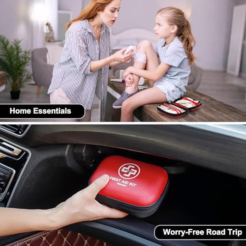 Mini First Aid Kit - 150 Piece Small Waterproof Hard Shell Medical Kit for Home, Car, Travel, Camping, Truck, Hiking, Sports, Office, Vehicle & Outdoor Emergencies- Small First Aid Medical Kit (Red) 5