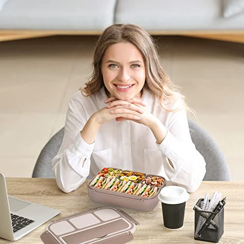 Bento Box Adult Lunch Box, Containers for Adults Men Women with 4 Compartments, Lunchable Food Container with Utensils, Sauce Jar, Muffin Liners, 40 Oz/5 Cup, Microwave & Dishwasher Safe, Brown 7