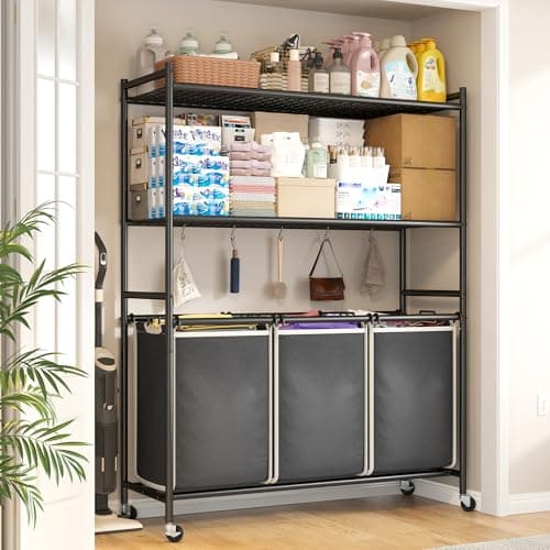 Raybee Laundry Sorter 3 Section Rolling Hamper Cart with Shelf 225L Large Basket Organizer Compartment Hampers for Room Organization and Storage Lockable Wheels, Black, W19R 9