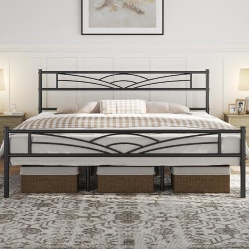 Yaheetech California King Size Bed Frames Metal Platform Bed Mattress Foundation with Cloud-Inspired Design Headboard/Footboard/Ample Under Bed Storage/No Box Spring Needed/Black