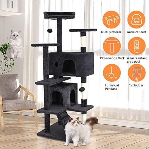 BestPet | 54" Cat Tree Tower | Dark Gray | Sturdy, Easy to Assemble, Multi-Level Activity Center with Sisal Scratching Posts, Condos, Perches, Hanging Cat Toys, Observation Decks & Ladder 5