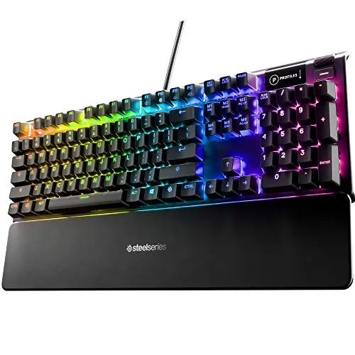 SteelSeries USB Apex 5 Hybrid Mechanical Gaming Keyboard – Per-Key RGB Illumination – Aircraft Grade Aluminum Alloy Frame – OLED Smart Display (Hybrid Blue Switch)