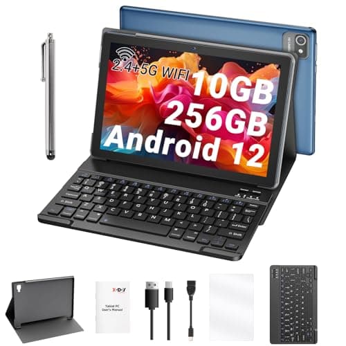 Xgody 2 in 1 Tablet 10.1 Inch, Android 12 Tablets, 10GB RAM 256GB ROM, 5+2.4G WiFi with Keyboard, 8MP Camera, 4-Core Processor, WiFi, GPS, Bluetooth, 2.0ghz Tablet PC (2023 Blue)