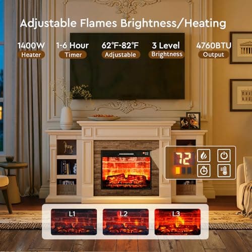 LGHM 72" Electric Fireplace with Mantel, Fireplace TV Stand for TVs Up to 80 Inch, Modern Entertainment Center with Storage, Fireplace Heater Insert with Realistic 3D Flame for Living Room 6