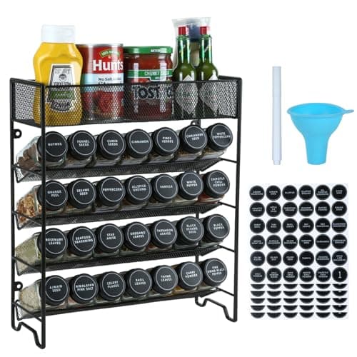 Skiileor Spice Rack Organizer with 28 Spice Jars, Black Lids，Spice Labels, Chalk pen and Funnel Set for Cabinet, Countertop, Pantry, Cupboard or Wall Mount