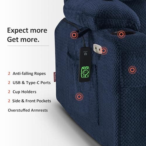 MCombo Dual Motor Power Lift Recliner Chair with Massage and Heat for Elderly People, Infinite Position, USB Ports, Cup Holders, Fabric 7890 (Medium-Regular, Navy Blue) 6