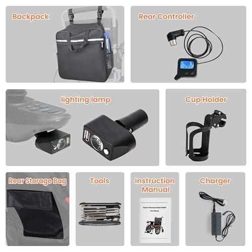 Upgraded 16" Big Front Wheel Electric Wheelchairs, USB Led Light, Dual Brakes, 20” Seat Width All Terrain Motorized Wheelchair, Wheelchairs for Adults 330lb, Backpack, Rear Control Included 7