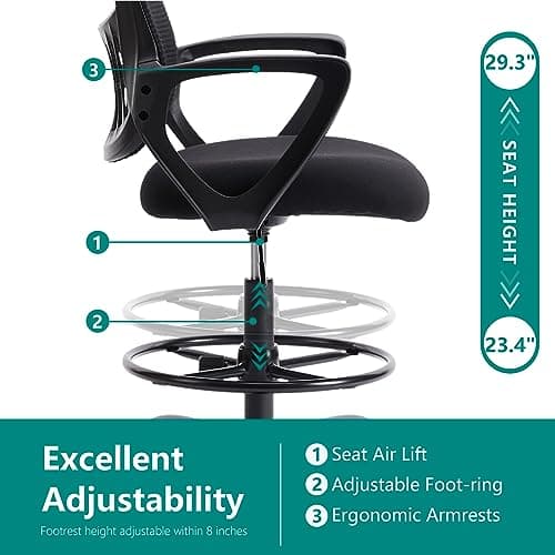 DUMOS Drafting Chair - Counter Height Adjustable Tall Office Desk Chair with Fixed Armrests and Comfortable Lumbar Support for Standing Desk, Deep Black 5