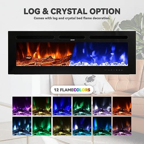 50 Inch Electric Fireplace Wall Mounted and Recessed LED Fireplace with Remote Control 8h Timer, 12 Flames,Touch Screen, in-Wall Fireplace Heater with Log & Crystal Hearth for Living Room 6
