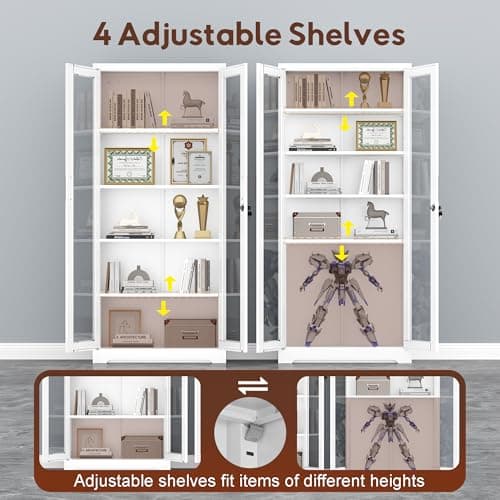 UNICOLY Lockable Display Cabinet with Glass Doors, Curio Cabinets with 4 Adjustable Shelves, Liquor Bookcase Bookshelf with Doors, Metal Storage Cabinet for Living Room Pantry, White 7
