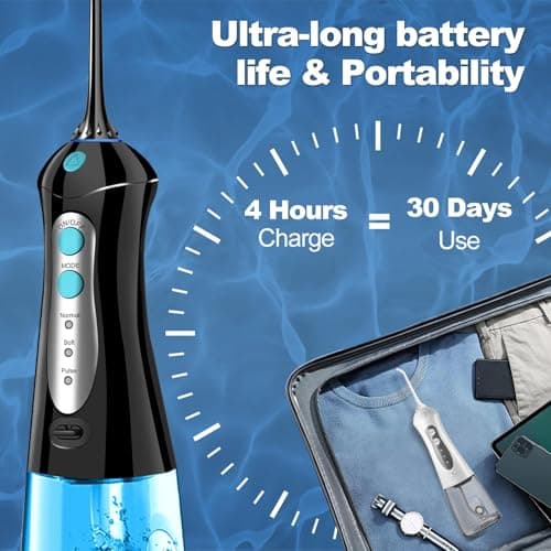 Water Dental Flosser Pick for Teeth: Cleaning and Flossing with 3 Mode from 30-100 Psi, Ipx7 Waterproof Portable Rechargeable Cordless Oral Irrigator for Adults Braces and Dental Care Home Travel 9
