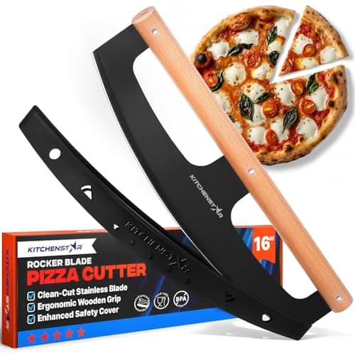 KitchenStar 16-Inch Pizza Cutter Rocker Blade - Razor Sharp Stainless Steel Slicer Knife, Stylish Beech Wood Handle, Protective Cover - Professional Pizza Oven Accessories, Black