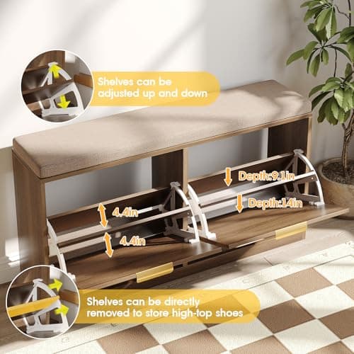 Maupvit Rattan Entryway Bench with Seat Cushion & Coat Rack, Shoe Storage Cabinet with 2 Flip Drawers, Narrow Shoe Rack, 5 Sturdy Metal Hooks, Rustic Oak Rattan 7