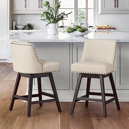 Cozyman 26 Inch Bar Stools Set of 2, Linen Color Swivel Counter Stools with Back, Linen Fabric Upholstered Barstools, Solid Wood Legs with Footrest, Modern Bar Stool for Kitchen Island, Pub
