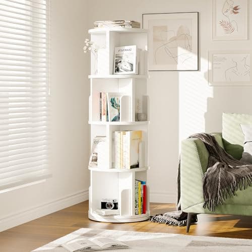 Breezestival 360° Rotating Bookcase, 4 Tier Small Corner Bookcase with a Footprint, Free Standing Bookshelf for Kids & Adults, Open Bookshelves Storage Organizer for Living Room, Bedroom (White)