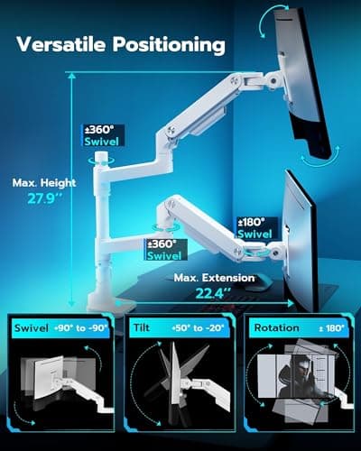 ARES WING Dual Monitor Arm for Ultrawide Heavy Duty Curved Monitor Stacking, Fits 17-49 Inch, Vertical Gas Spring Double Monitor Stand with USB, Adjustable Dual Monitor Mount for Desk, White 6