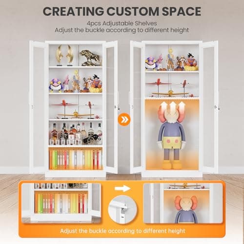 AFAIF Locking Display Cabinet with Glass Door, 71”H Metal Curio Cabinets with Adjustable Shelves, White Liquor Caninet Display Case for Living Room, Collectibles, Clinic, Home - Assembly Required 5