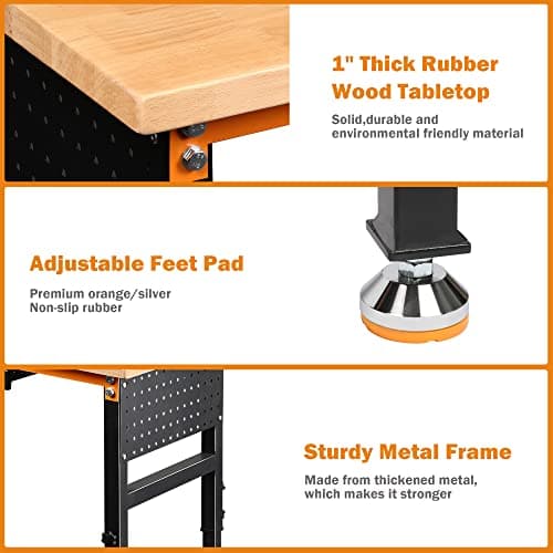 Betterhood 60" Heavy-Duty Adjustable Workbench for Garage, Rubber Wood Shop Table W/Double Pegboards & Drawer,Hardwood Workstation Weight Capacity Over 2000 Lbs 5
