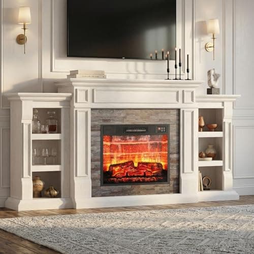 LGHM 72" Electric Fireplace with Mantel, Fireplace TV Stand for TVs Up to 80 Inch, Modern Entertainment Center with Storage, Fireplace Heater Insert with Realistic 3D Flame for Living Room 3