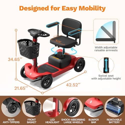 Glashow S1 Folding 4-Wheel Mobility Scooter for Seniors – 25-Mile Range, 6.2 mph, All-Terrain Electric Scooter with Adjustable Swivel Seat, 265 lb Capacity, Removable 24V 20Ah Battery – Red 7