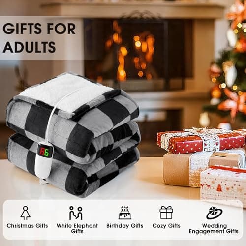 Heated Electric Blanket Throw, 50X60 Heating Blanket with 10 Heat Level & 8 Hours Auto Off for Lap, Black Gray Checkered Plaid Soft Sherpa Blankets Warmer Gifts for Couch Grandma Women Adults 6