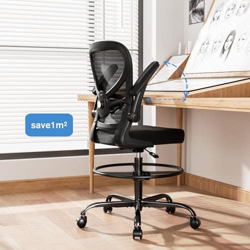 Alolo Drafting Chair,Big and Tall Office Chair with Footrest Ring,Ergonomic Chair for Counter Height and Standing Desk Comfy with Lumbar Support and Flip-up Armrests in Heavy Rolling Base,Black 6
