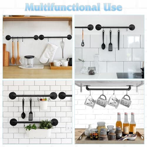 Boshangjia Pot Pan Rack Wall Mounted Set of 2, 21" Industrial Pipe Utensils Hanger Holder Pots Storage Organizer Iron Detachable Hanging Rail for Kitchen with 10 S Hooks… 7