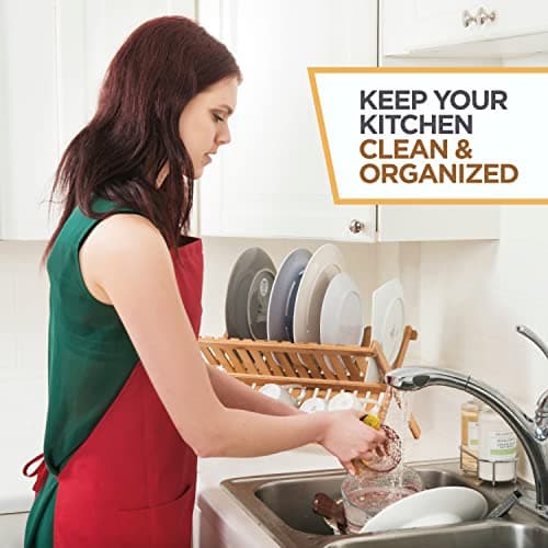 Dish Drying Rack - Bamboo Dish Rack for Kitchen Counter, Collapsible 2-Tier Wooden Drying Rack for Dishes, Plates, Cups, Utensils - Foldable Dish Drainer, Space-Saving Kitchen Drying Rack Organizer 6