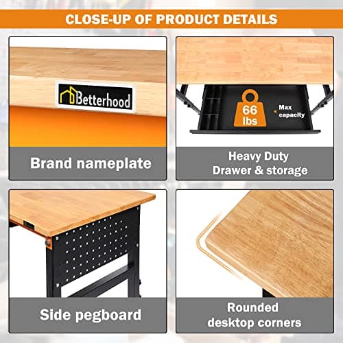 Betterhood 60" Heavy-Duty Adjustable Workbench for Garage, Rubber Wood Shop Table W/Double Pegboards & Drawer,Hardwood Workstation Weight Capacity Over 2000 Lbs 6